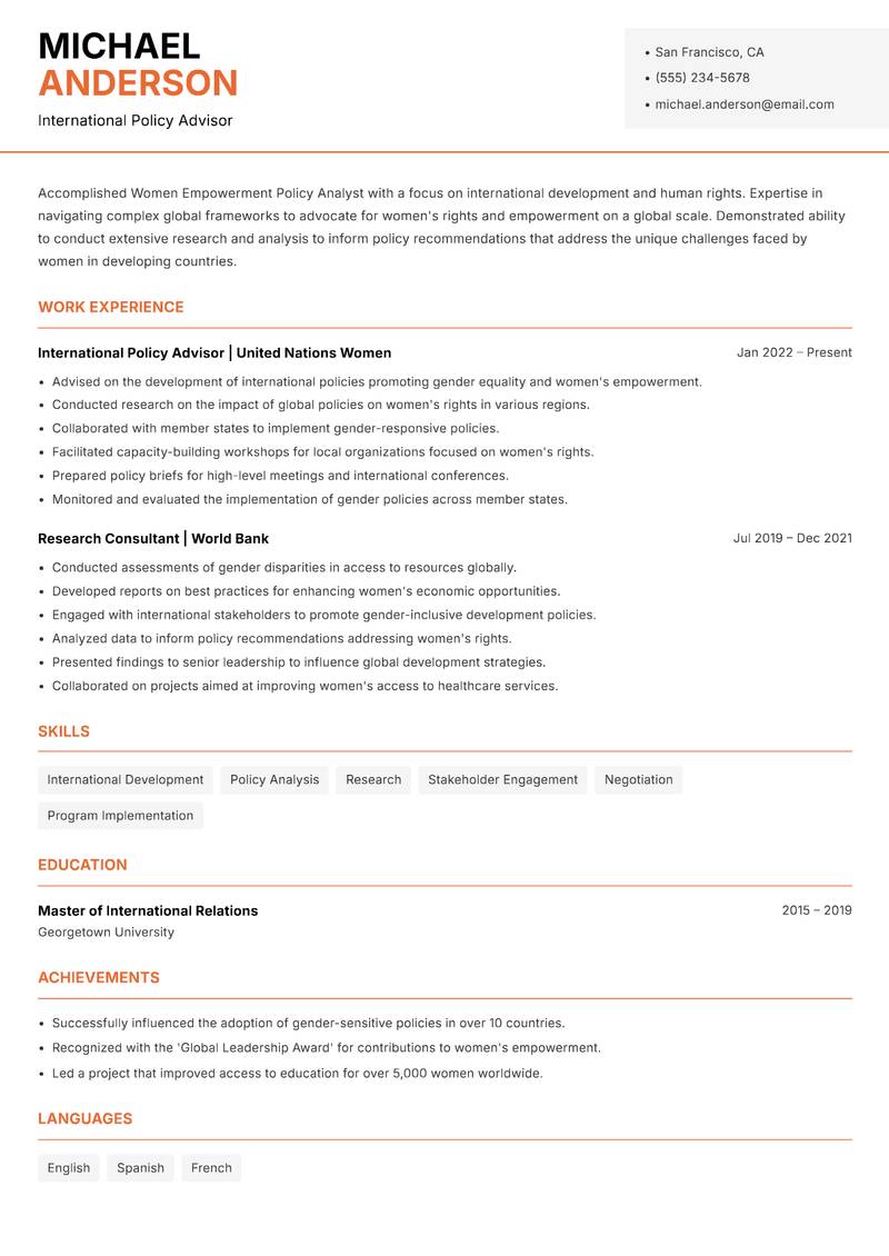 Women Empowerment Policy Analyst resume template — Modern Professional
