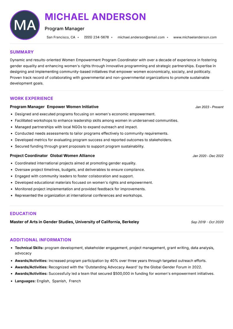 Women Empowerment Program Coordinator resume example — ATS-friendly template
