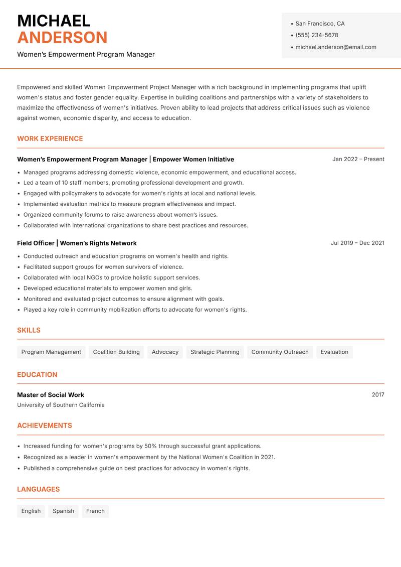 Women Empowerment Project Manager resume template — Modern Professional