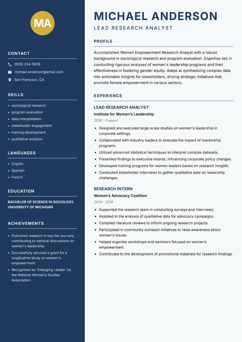 Women Empowerment Research Analyst resume template — Classic Clean