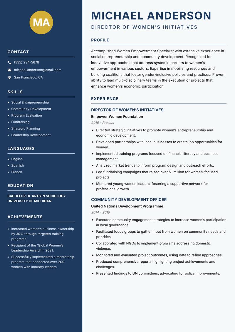 Women Empowerment Specialist resume template — Classic Clean