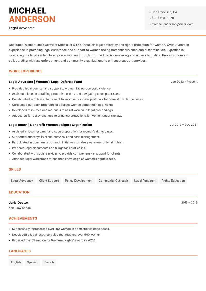 Women Empowerment Specialist resume template — Modern Professional