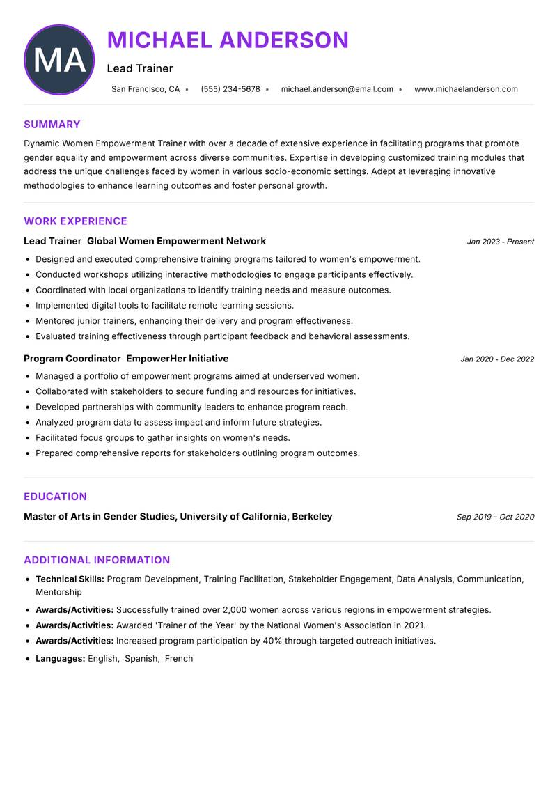 Women Empowerment Trainer resume example — ATS-friendly template