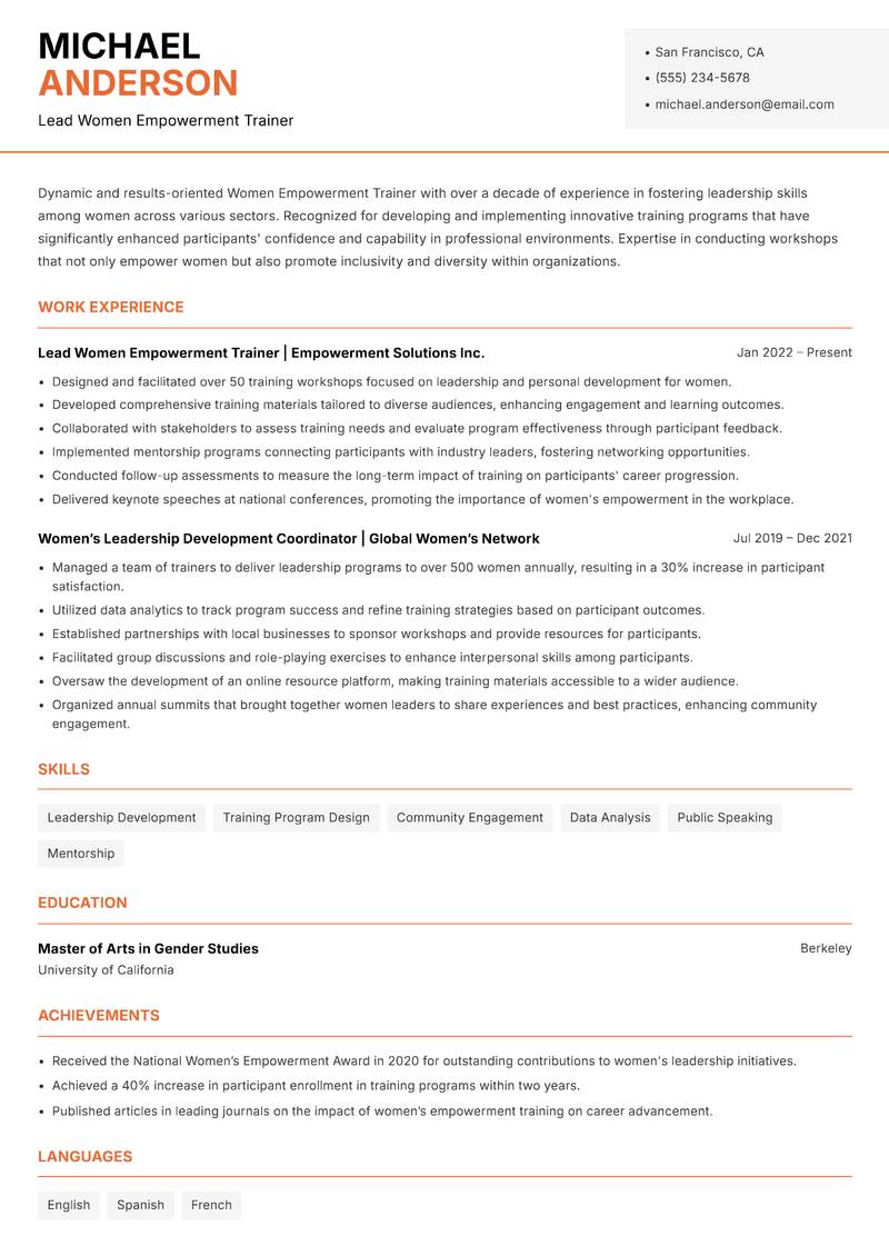 Women Empowerment Trainer resume template — Modern Professional