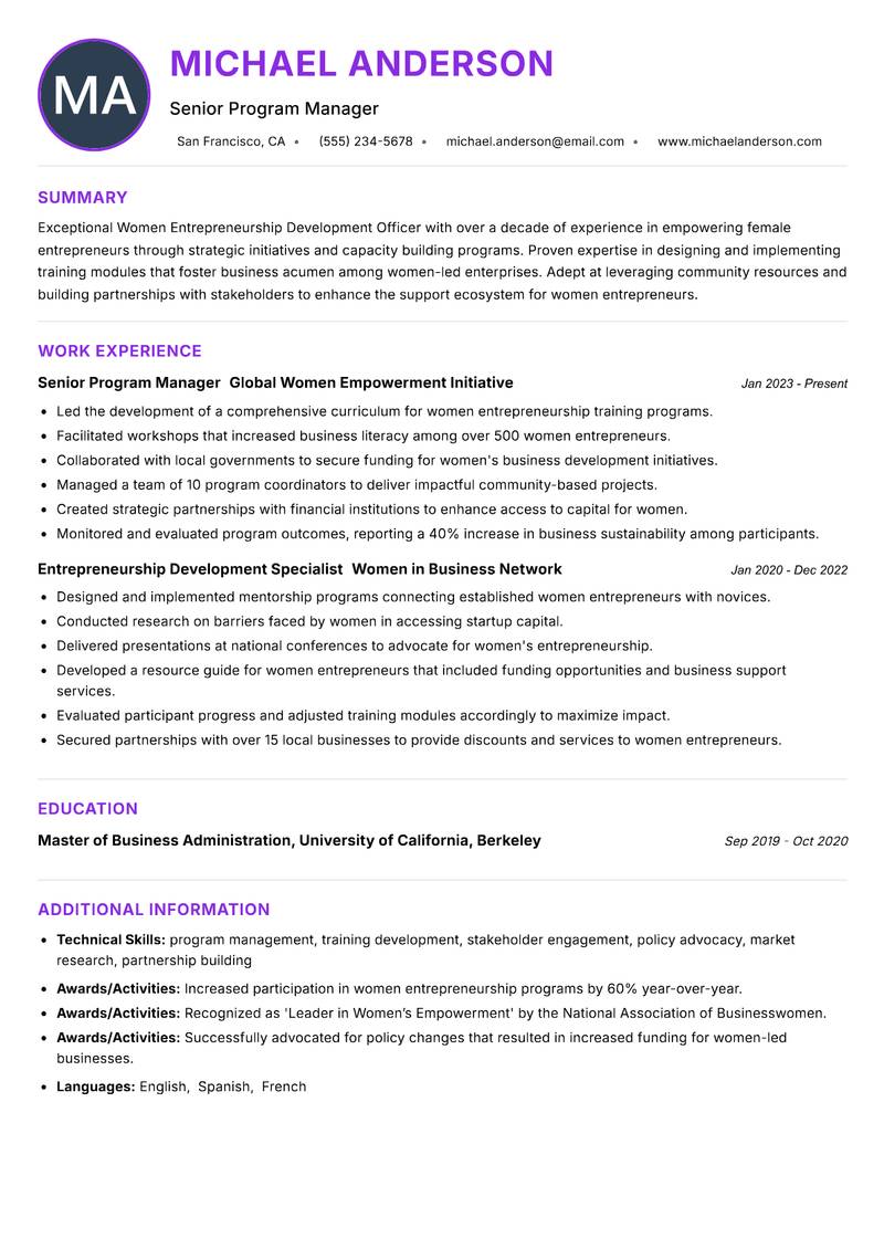 Women Entrepreneurship Development Officer resume example — ATS-friendly template