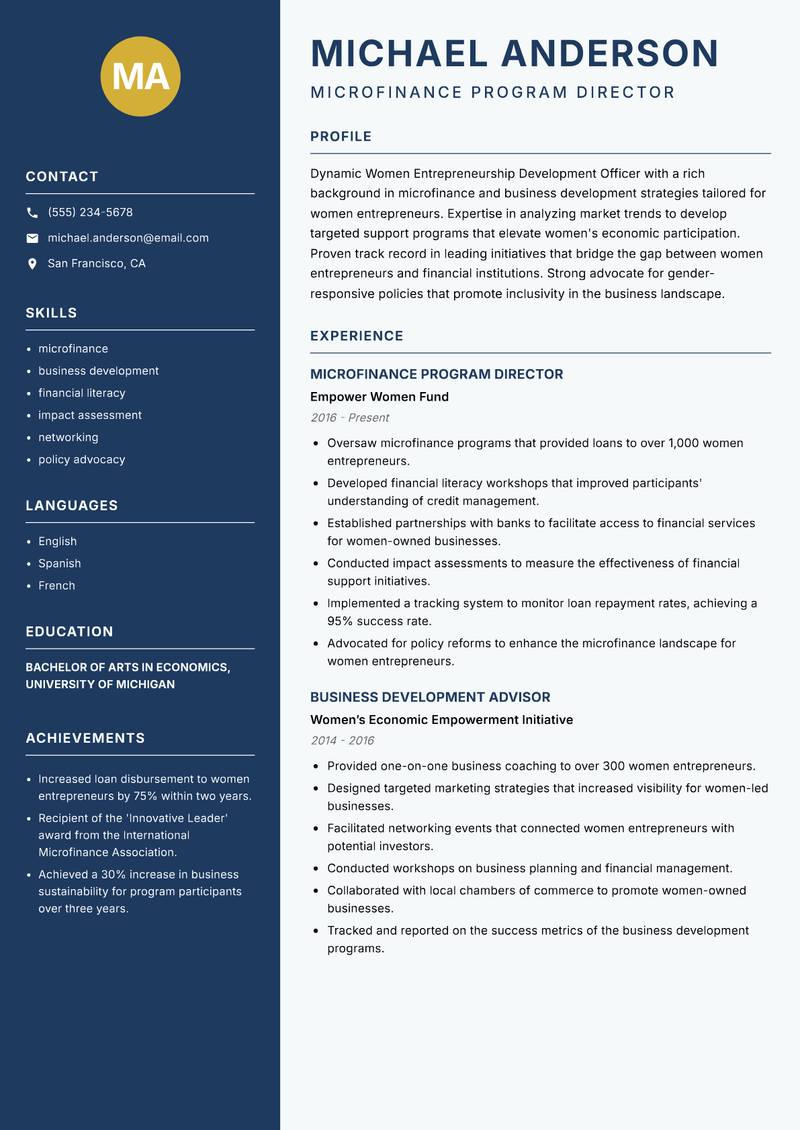 Women Entrepreneurship Development Officer resume template — Classic Clean