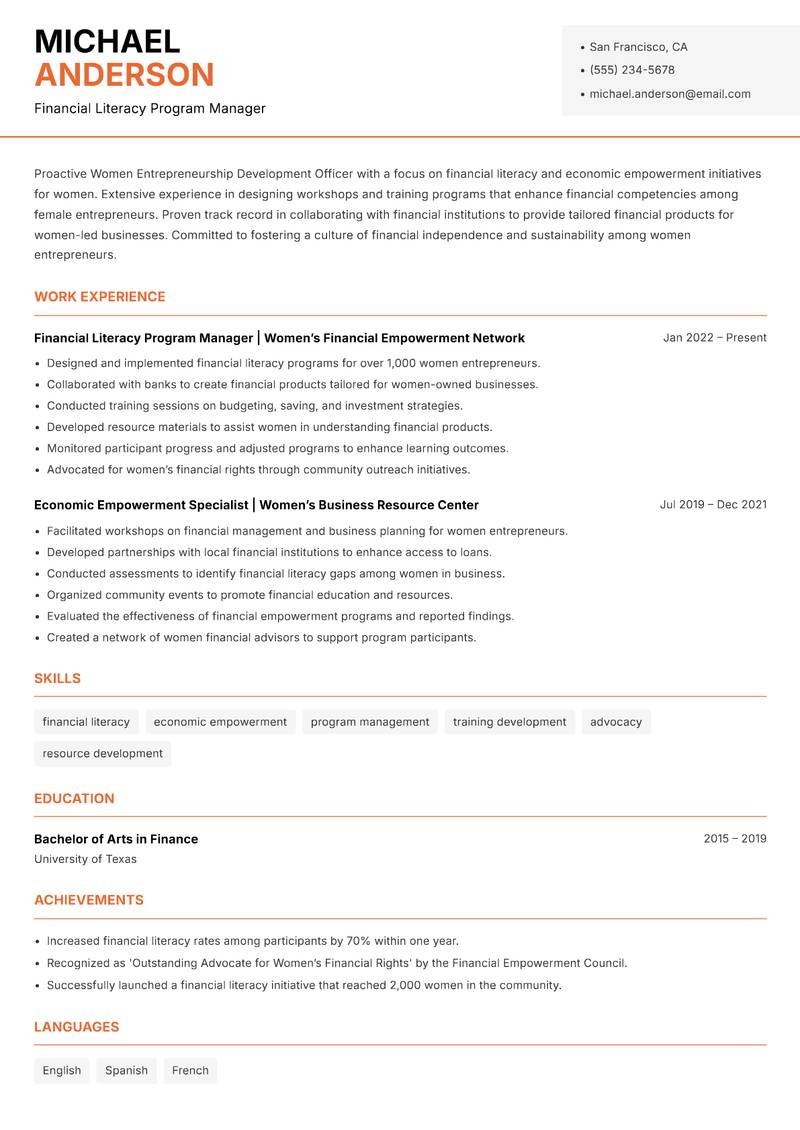 Women Entrepreneurship Development Officer resume template — Modern Professional