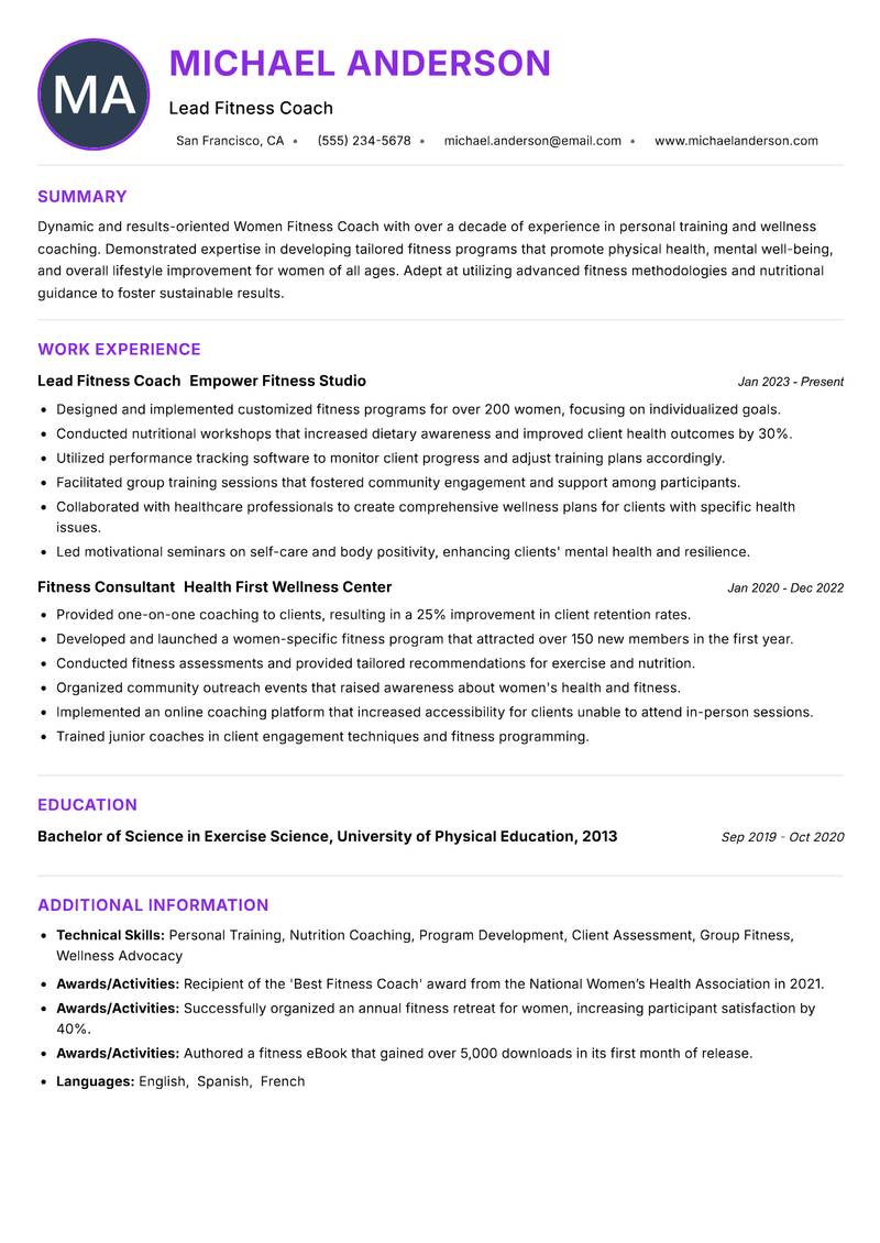 Women Fitness Coach resume example — ATS-friendly template
