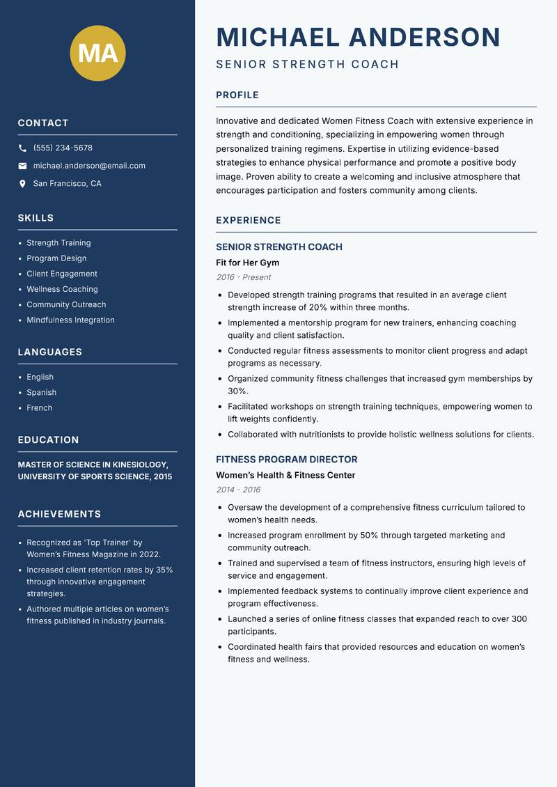 Women Fitness Coach resume template — Classic Clean
