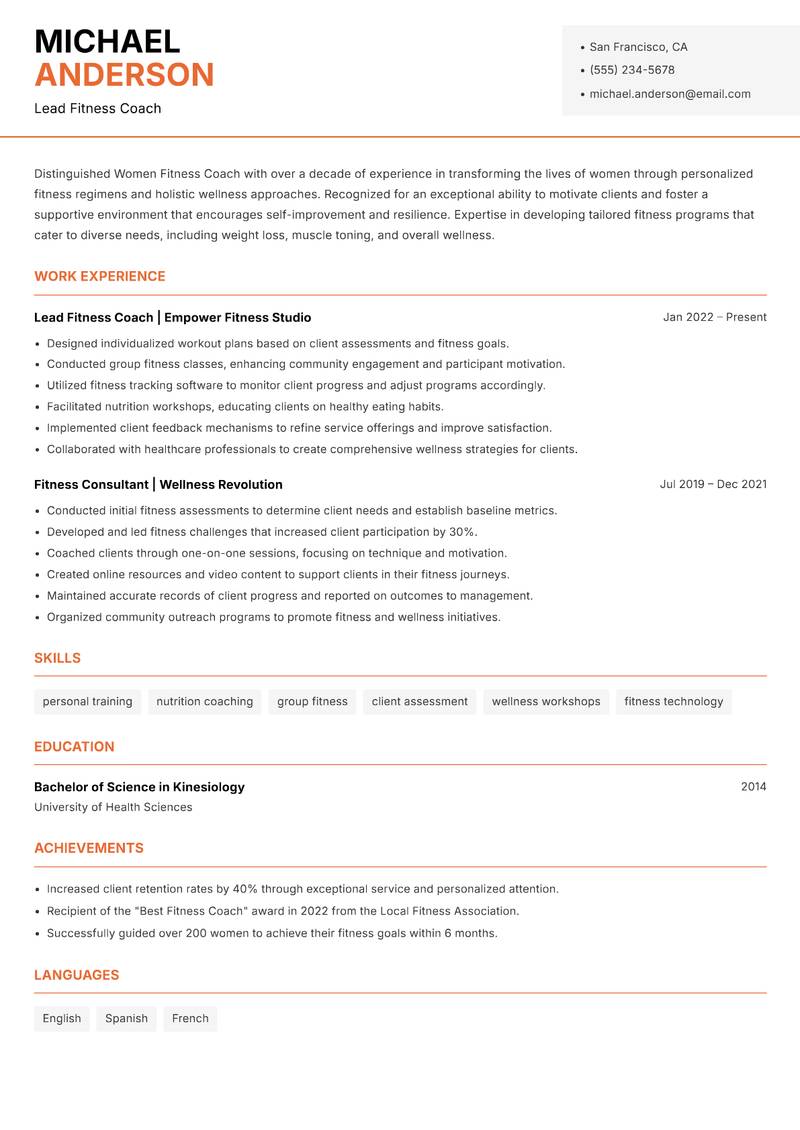 Women Fitness Coach resume template — Modern Professional