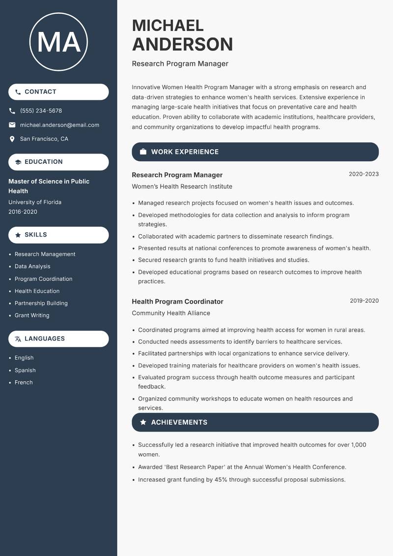 Women Health Program Manager resume template — Compact