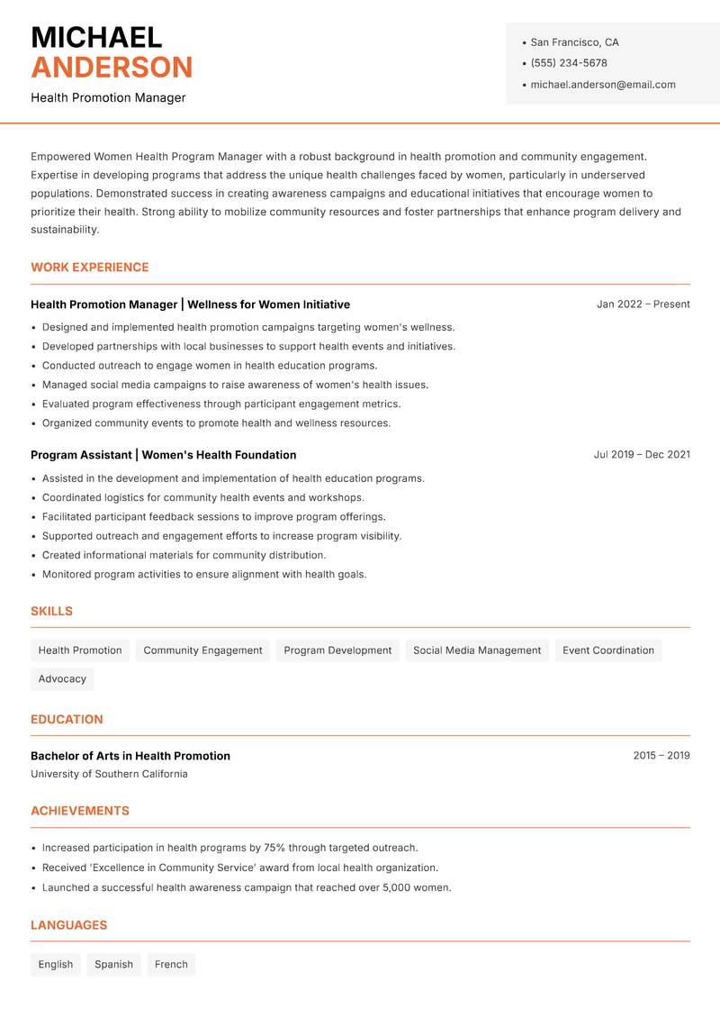 Women Health Program Manager resume template — Modern Professional
