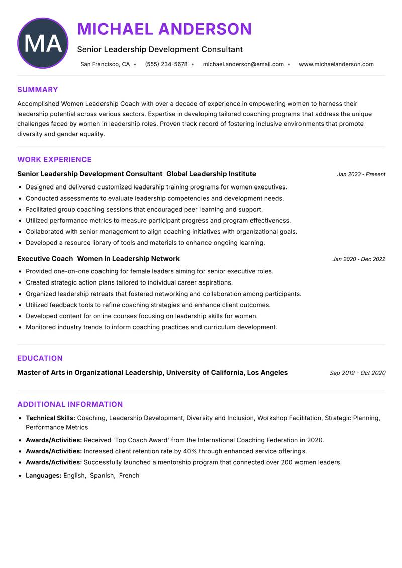 Women Leadership Coach resume example — ATS-friendly template
