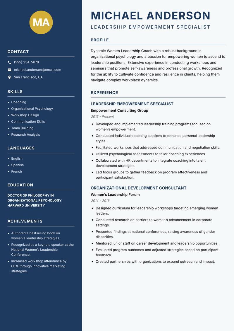 Women Leadership Coach resume template — Classic Clean