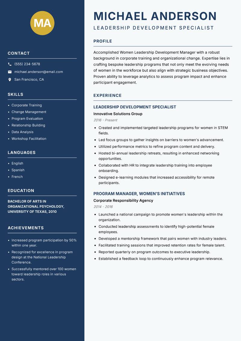 Women Leadership Development Manager resume template — Classic Clean
