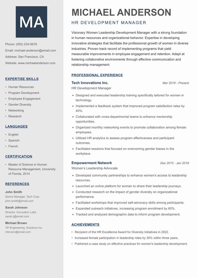 Women Leadership Development Manager resume template — Creative Minimal