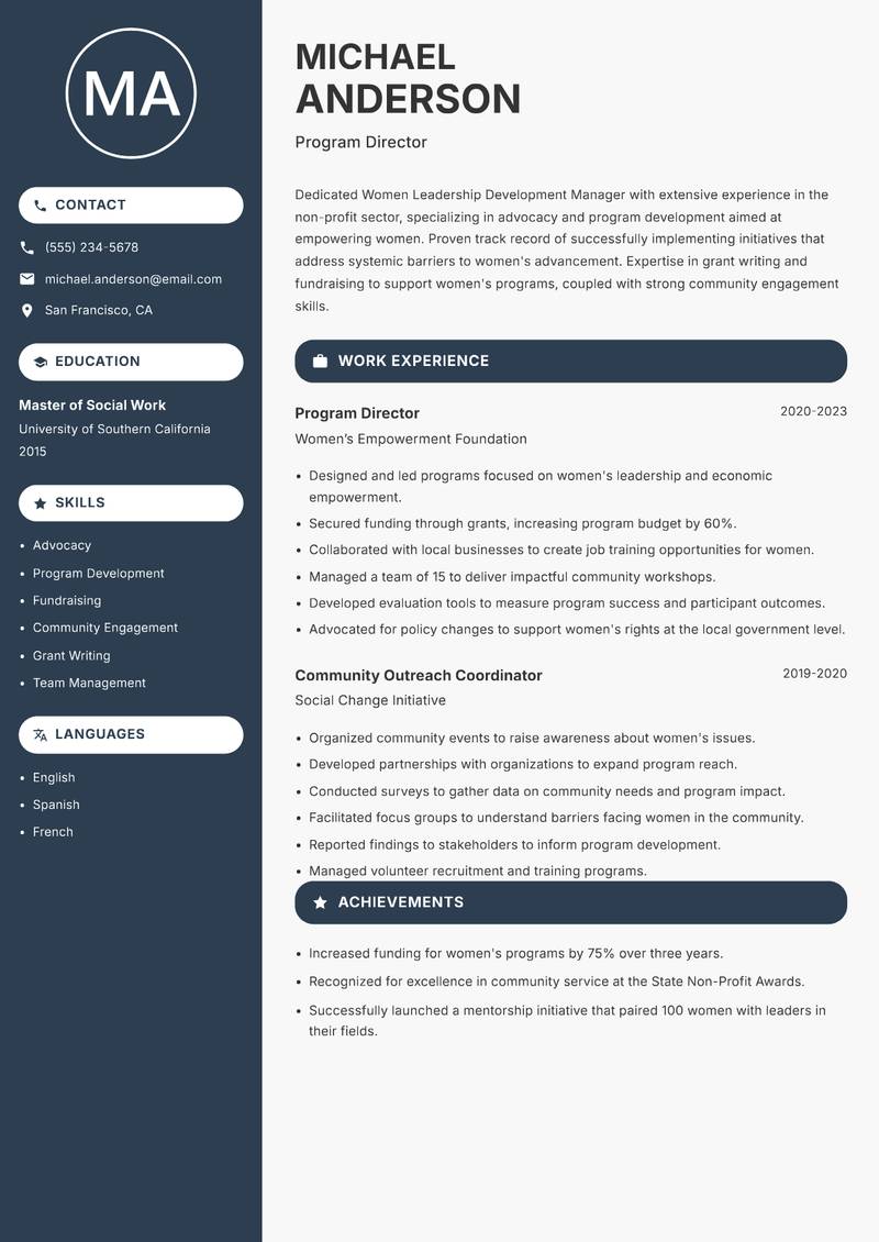 Women Leadership Development Manager resume template — Compact