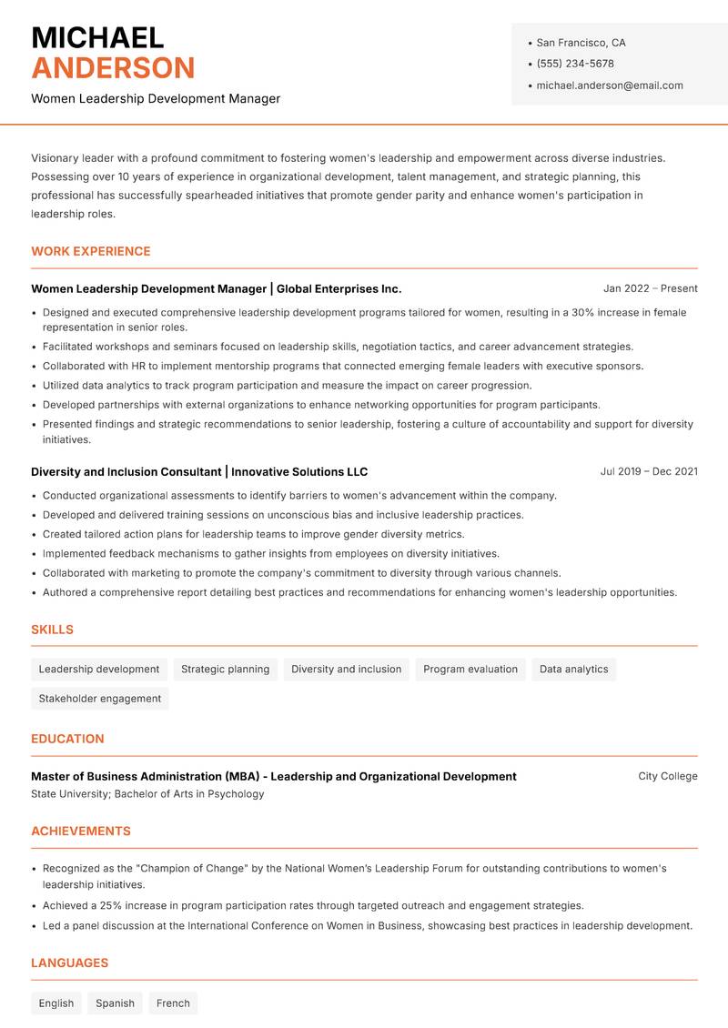 Women Leadership Development Manager resume template — Modern Professional