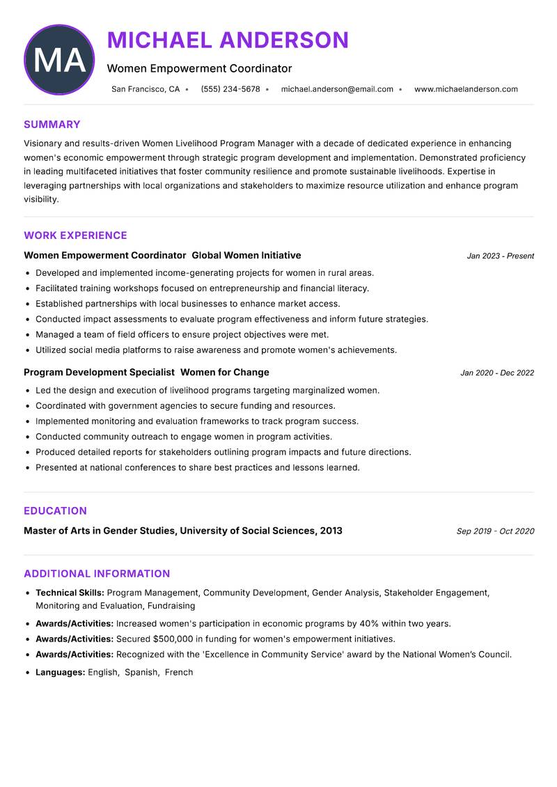 Women Livelihood Program Manager resume example — ATS-friendly template