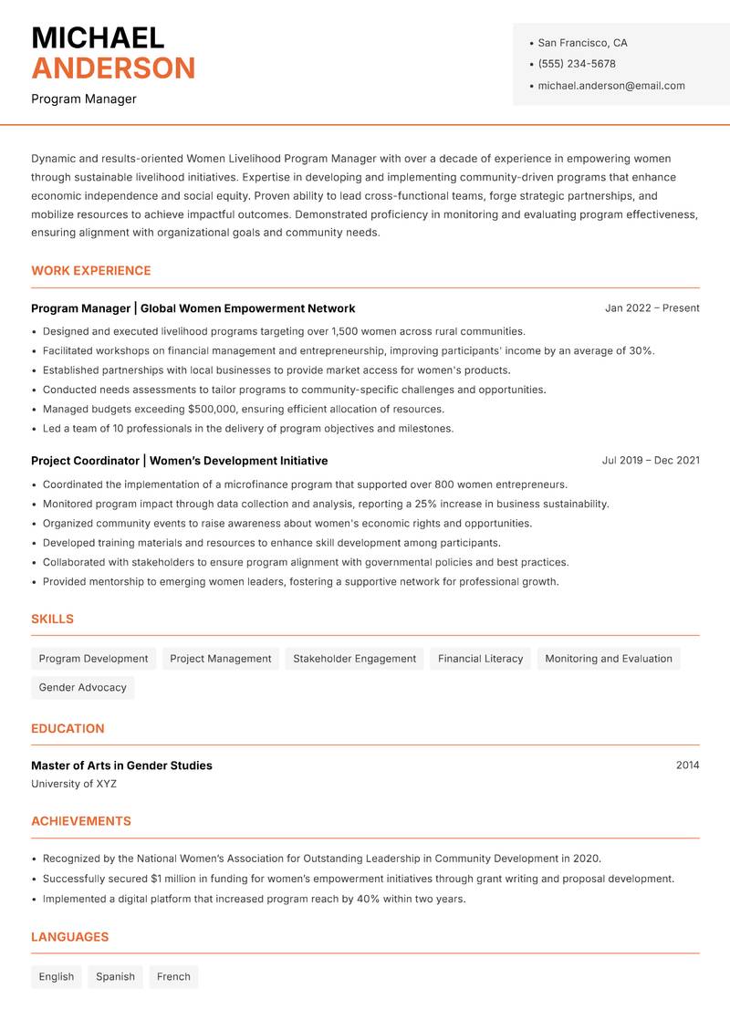 Women Livelihood Program Manager resume template — Modern Professional