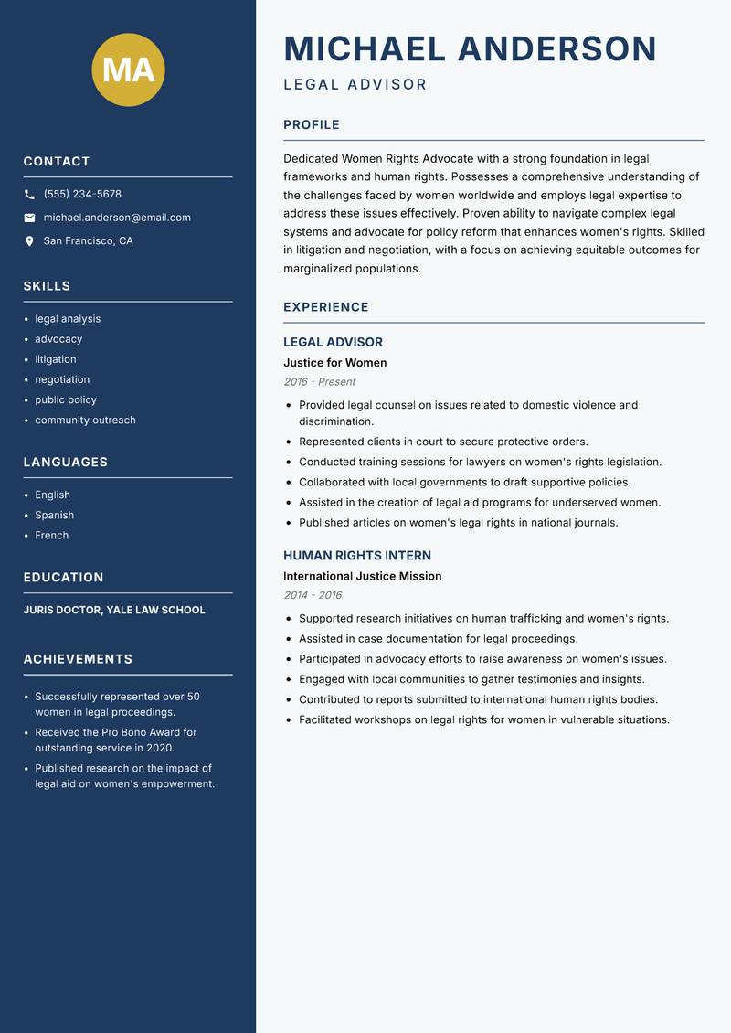 Women Rights Advocate resume template — Classic Clean