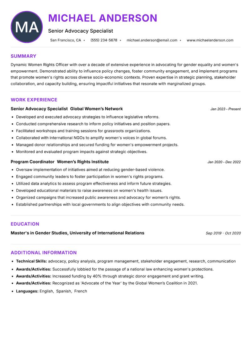 Women Rights Officer resume example — ATS-friendly template