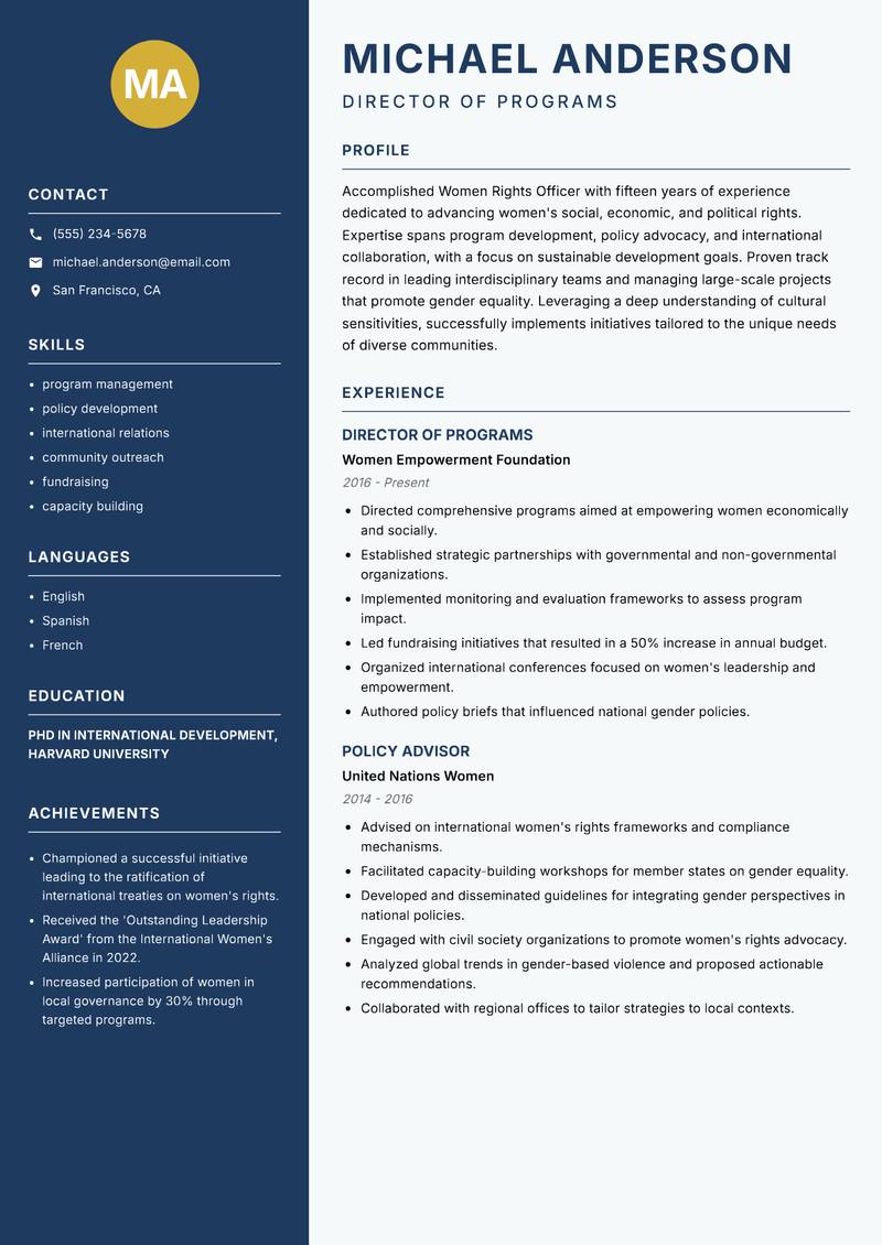 Women Rights Officer resume template — Classic Clean