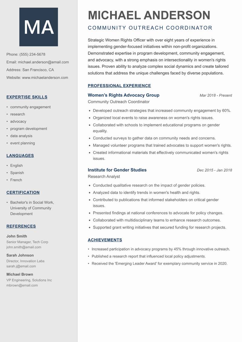 Women Rights Officer resume template — Creative Minimal