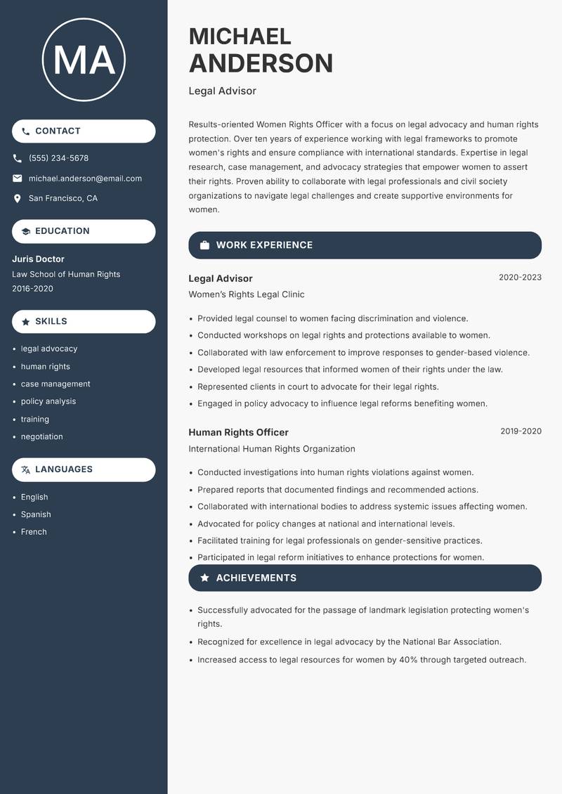 Women Rights Officer resume template — Compact