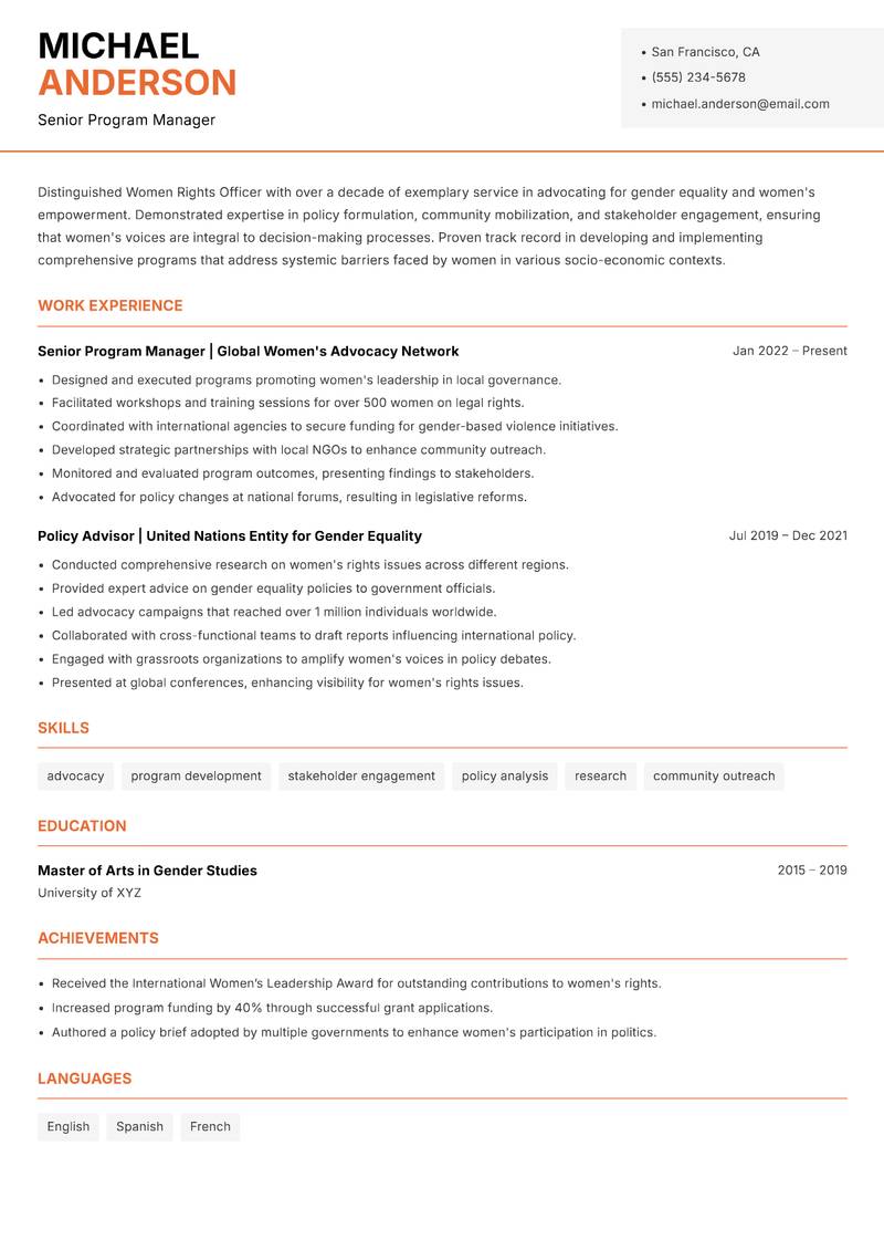 Women Rights Officer resume template — Modern Professional