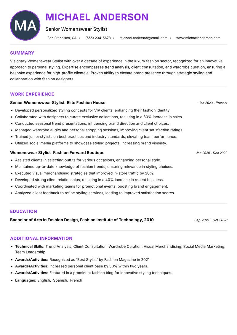 Womenswear Stylist resume example — ATS-friendly template