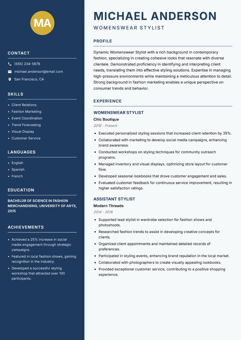Womenswear Stylist resume template — Classic Clean