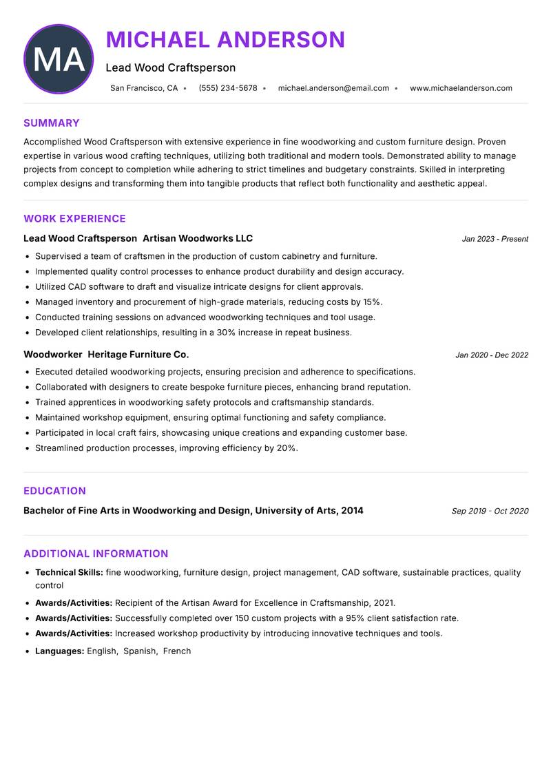 Wood Craftsperson resume example — ATS-friendly template