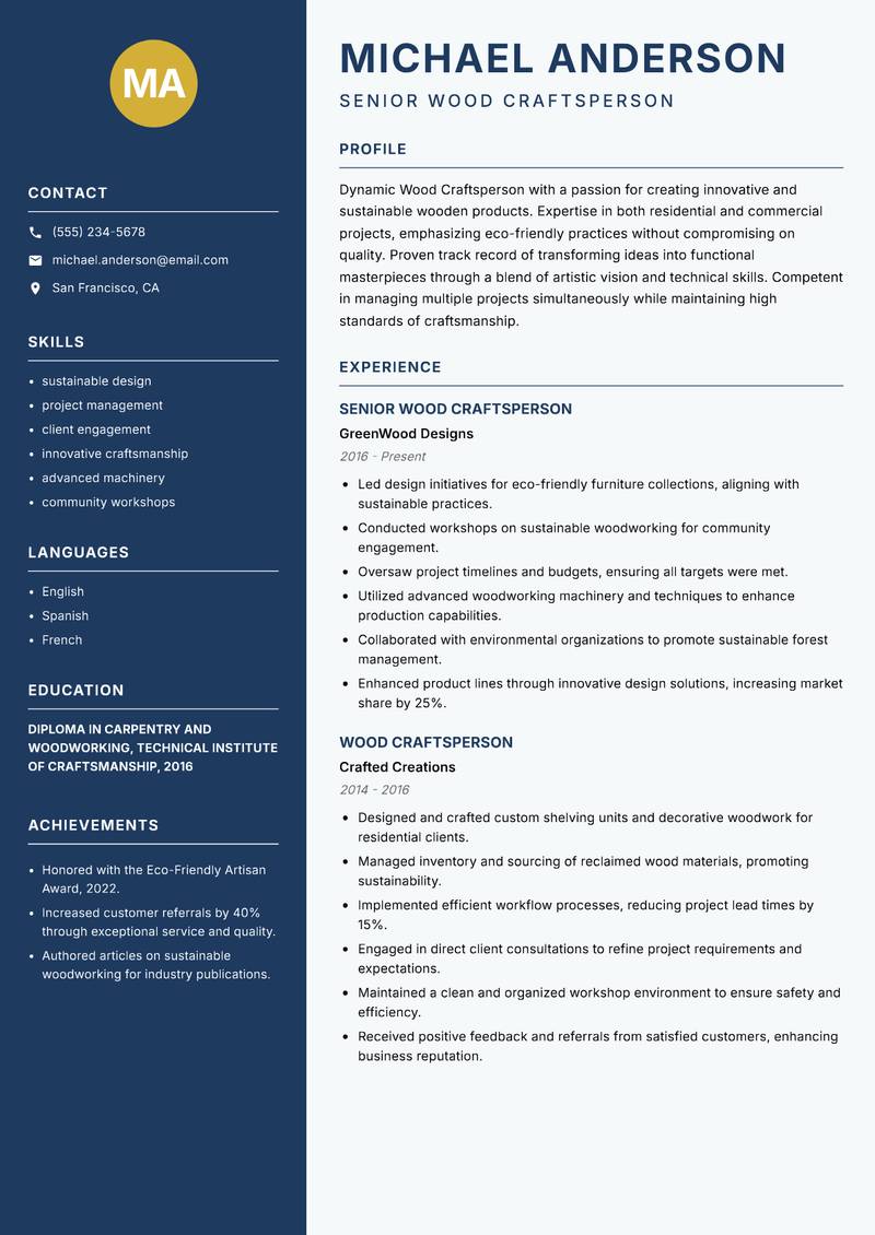 Wood Craftsperson resume template — Classic Clean