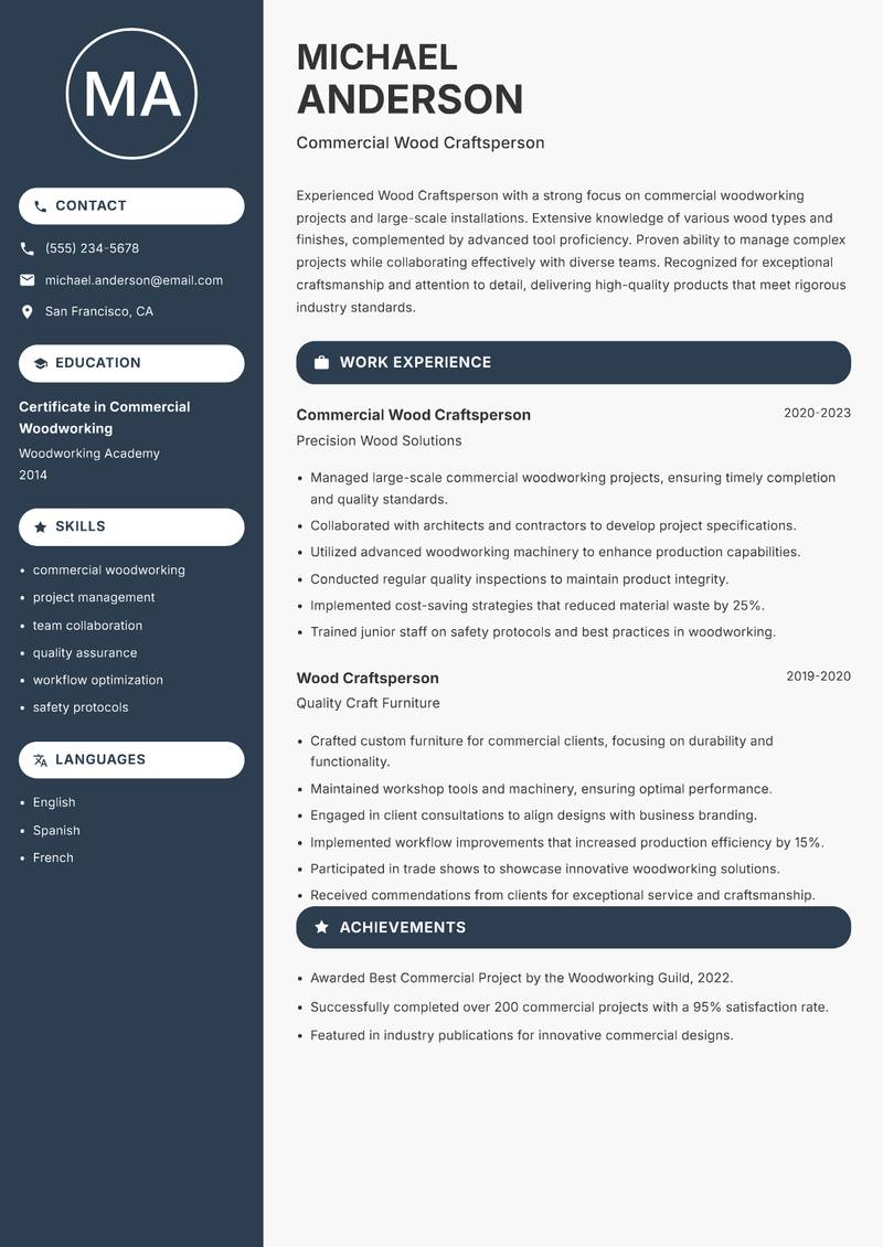 Wood Craftsperson resume template — Compact
