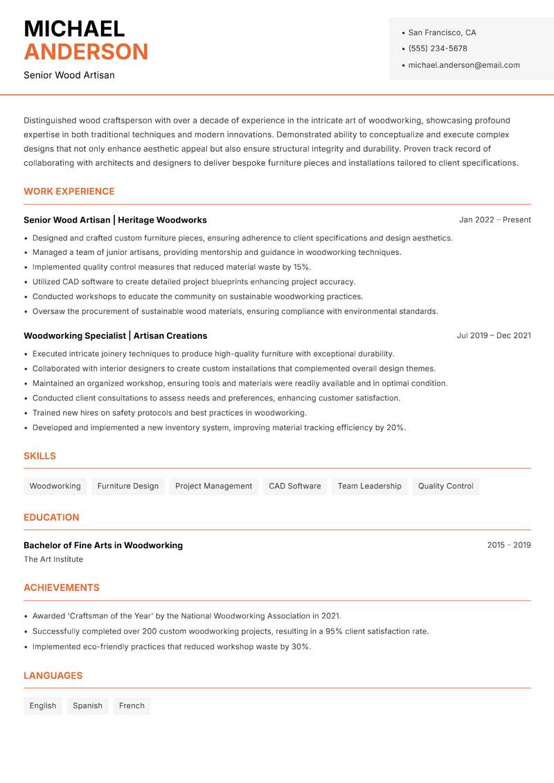 Wood Craftsperson resume template — Modern Professional