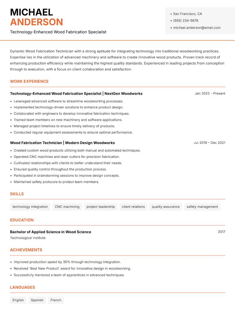Wood Fabrication Technician resume template — Modern Professional