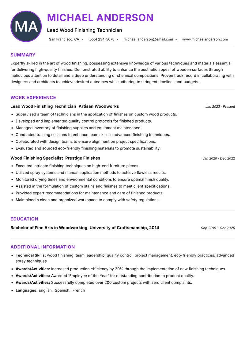 Wood Finishing Technician resume example — ATS-friendly template