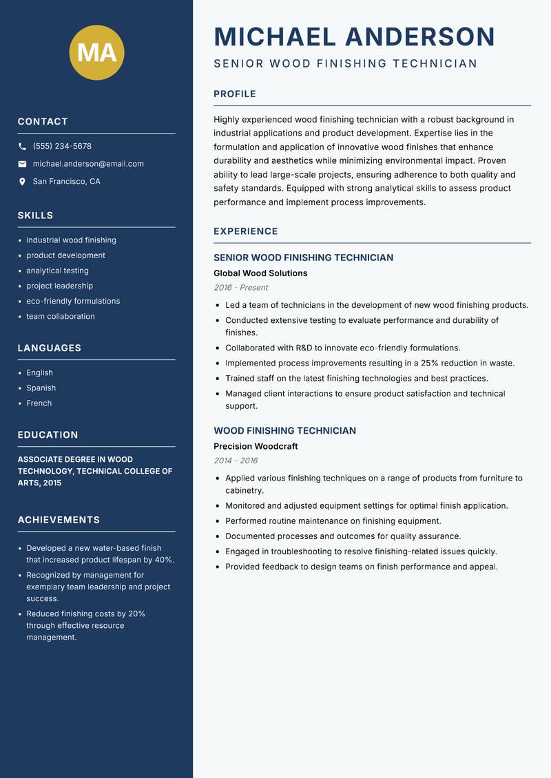 Wood Finishing Technician resume template — Classic Clean