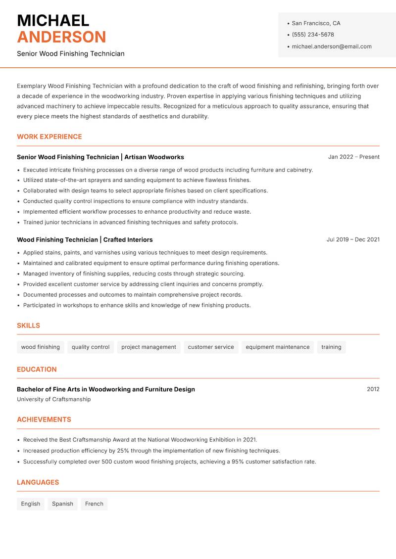 Wood Finishing Technician resume template — Modern Professional