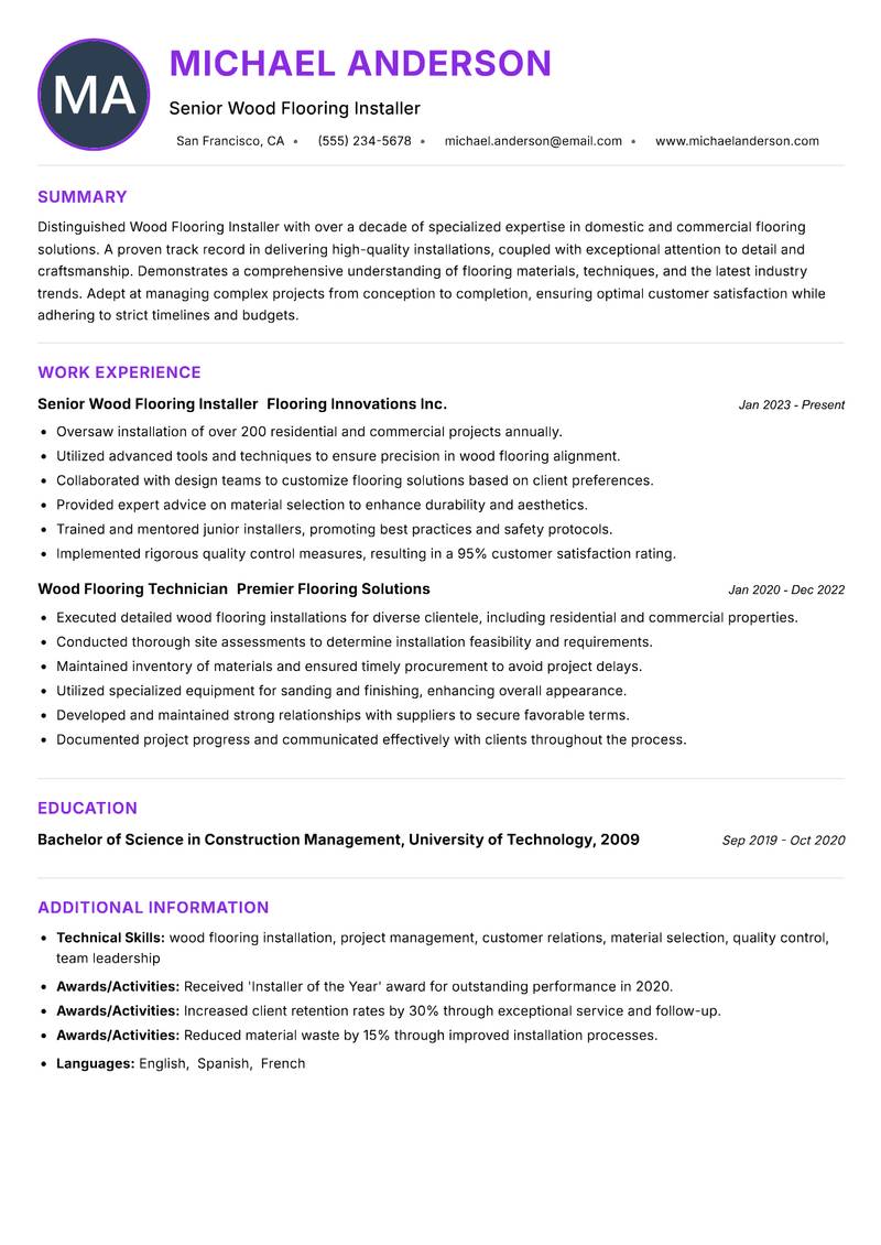 Wood Flooring Installer resume example — ATS-friendly template