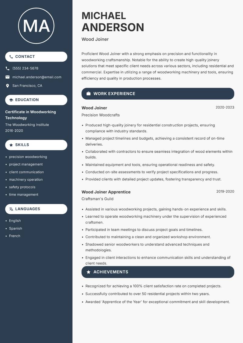 Wood Joiner resume template — Compact