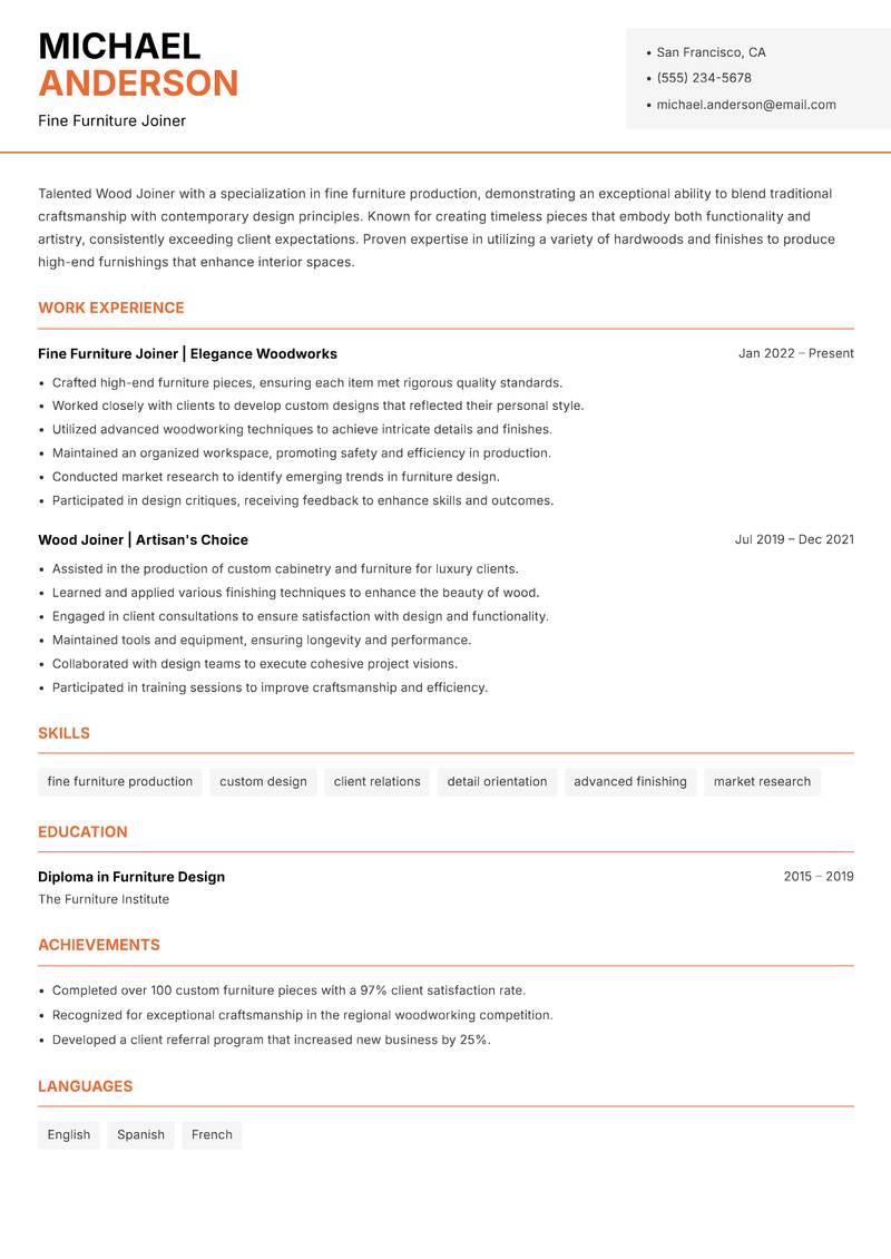 Wood Joiner resume template — Modern Professional