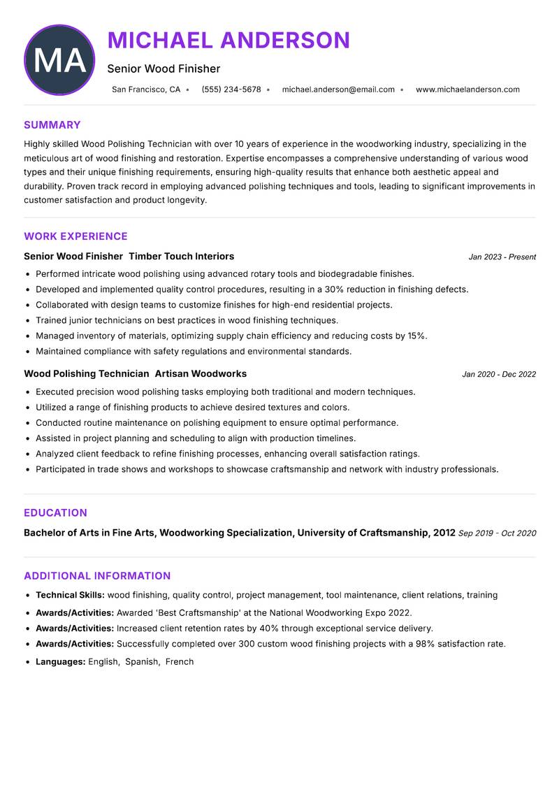 Wood Polishing Technician resume example — ATS-friendly template