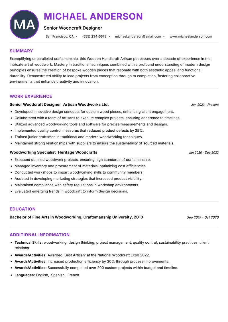 Wooden Handicraft Artisan resume example — ATS-friendly template