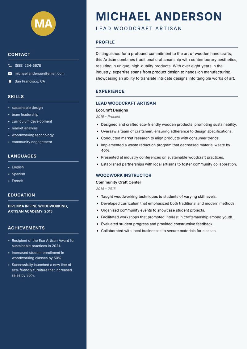Wooden Handicraft Artisan resume template — Classic Clean