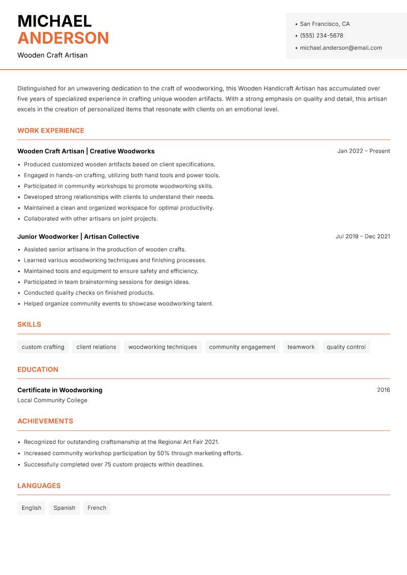 Wooden Handicraft Artisan resume template — Modern Professional