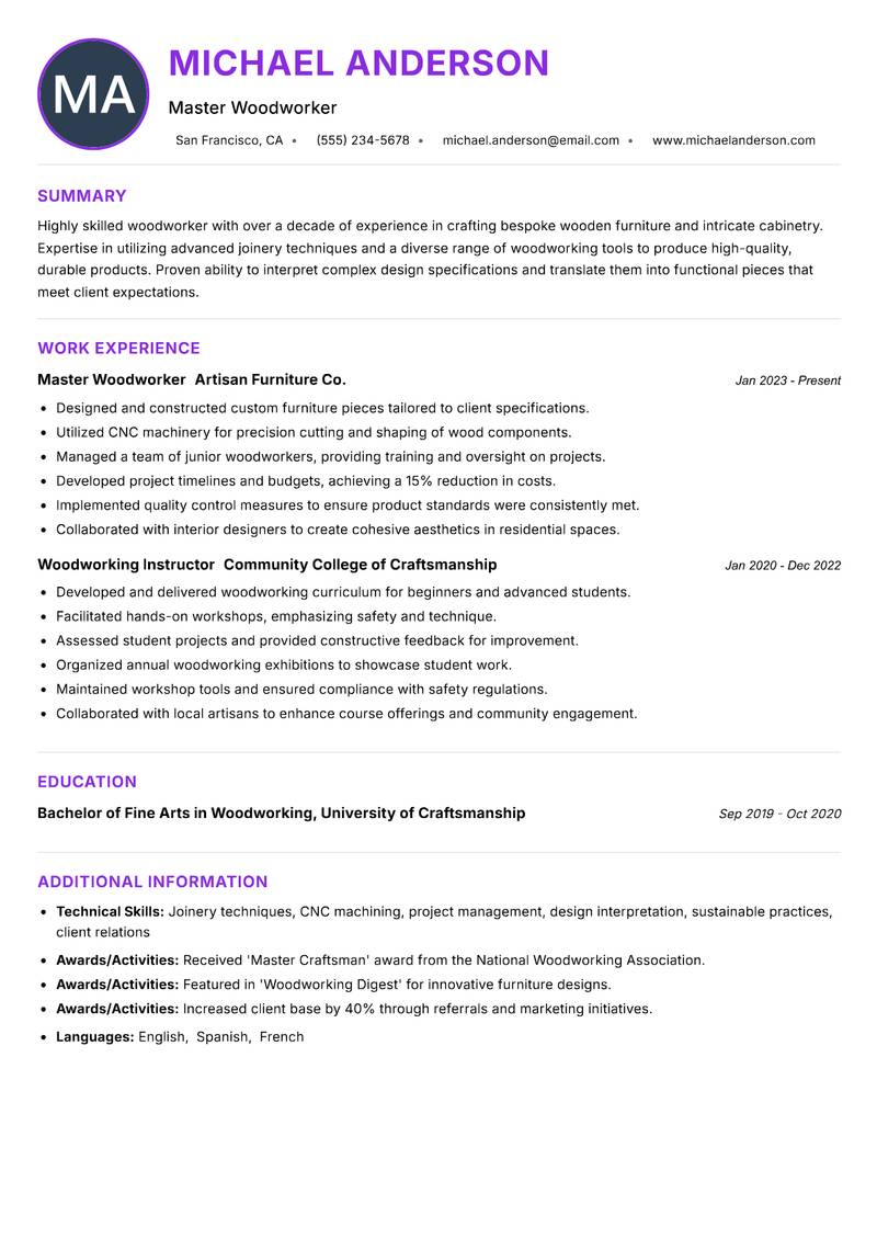 Woodworker resume example — ATS-friendly template