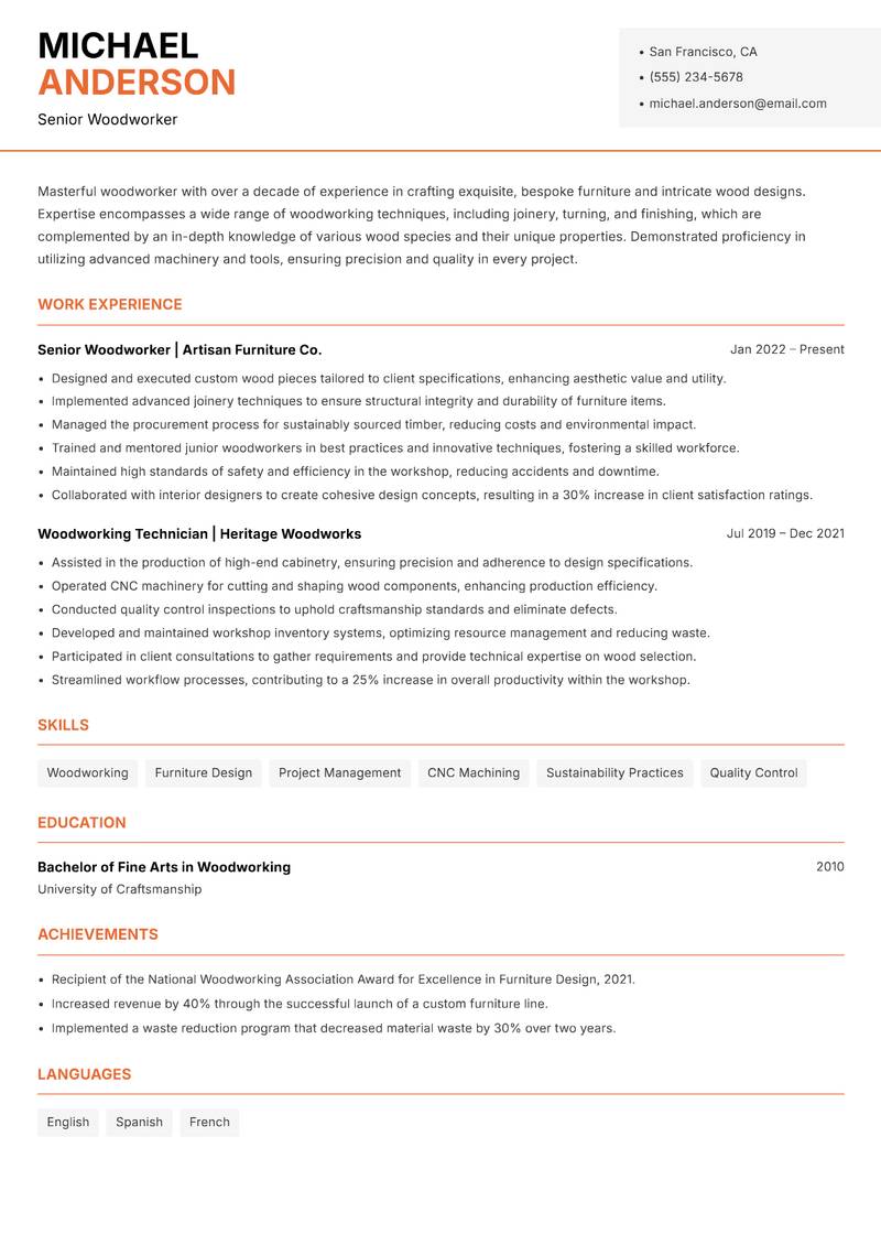 Woodworker resume template — Modern Professional