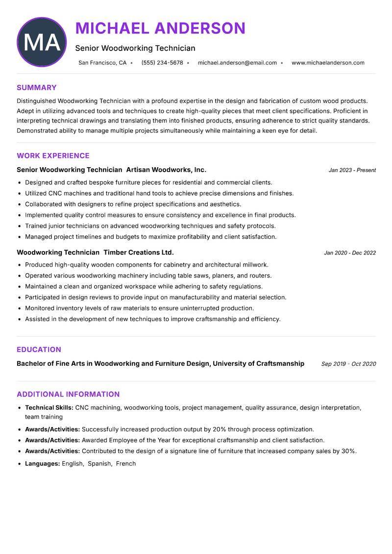 Woodworking Technician resume example — ATS-friendly template